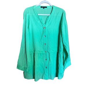 Calessa Tunic Top Womens XL Green Ribbed Button Up Stretch Boho Lagenlook Blouse